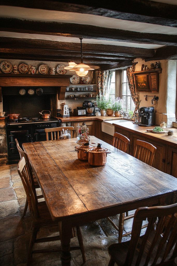 a wooden table sitting in the middle of a kitchen next to a stove top oven