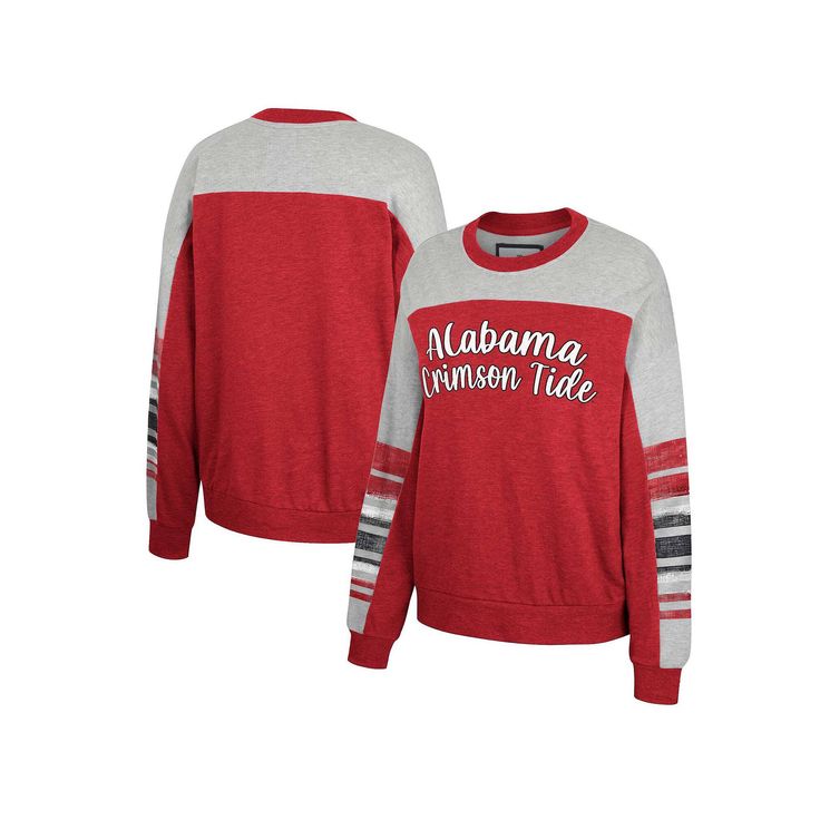 Dress warmly and comfortably on Alabama Crimson Tide game day in this Baby Talk pullover sweatshirt from Colosseum. Its two-tone design and stripes in team colors accentuate the Alabama Crimson Tide graphics printed across the front. Plus, Dolman sleeves create a flattering silhouette that gives you more room for freedom of movement.Dress warmly and comfortably on Alabama Crimson Tide game day in this Baby Talk pullover sweatshirt from Colosseum. Its two-tone design and stripes in team colors ac Collegiate Team-colored Sweatshirt For Fall, College Team-colored Sweatshirt For Fall, Team-colored Fall Sports Sweatshirt, Team-colored Sweatshirt For Sports In Fall, Collegiate Long Sleeve Sweatshirt For Game Day, Red Collegiate Cotton Sweater, Collegiate Sports Sweater For Fall, Team-colored Fall Sweatshirt With Ribbed Cuffs, Team-colored Sweatshirt With Ribbed Cuffs For Fall