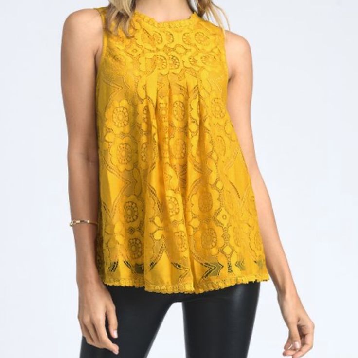 Sunflower Yellow Lace Top. Doe & Rae Sleeveless Blouse. Lace Overlay With Pleated Bust. Scalloped Decorative Trim. Rounded Neck. Rear Upper Keyhole With Button. Swing Silhouette. Nwt Never Worn, No Flaws. Size Small Approximate Measurements... Pit To Pit Lying Flat: 17” Length: 24” Easter Spring Summer Sunshine Career Casual Cute Yellow Lace Top Spring Lace Sleeveless Tank Top, Elegant Yellow Sleeveless Blouse, Elegant Sleeveless Yellow Blouse, Lace Sleeveless Tank Top For Day Out, Summer Sleeveless Lace Top For Party, Sleeveless Lace Tank Top For Spring, Summer Party Sleeveless Lace Top, Chic Sleeveless Lace Tank Top, Yellow Lace Tops For Summer