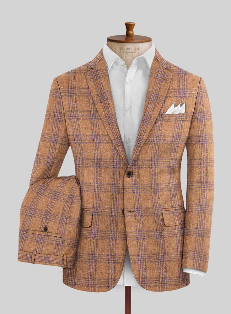 Embody sophistication with our Noble Rust Check Wool Silk Linen Suit, perfect for elevating your wedding day ensemble. This suit is meticulously tailored from an opulent mix of wool, silk, and linen, with understated brown checks that blend contemporary style with classic luxury. Its captivating design makes it a must-have addition to your wardrobe, ensuring you stand out in every setting. 
   About Noble Collection:  A seamless union of refined craftsmanship and Italian luxury. Impeccably tailo Fitted Brown Suits For Fall, Fitted Brown Fall Suit, Timeless Brown Notch Lapel Suit, Timeless Semi-formal Brown Suit, Timeless Brown Semi-formal Suits, Fitted Brown Three-piece Suit For Business, Fitted Brown Three-piece Business Suit, Fitted Brown Three-piece Suit, Fitted Three-piece Suit For Fall Wedding