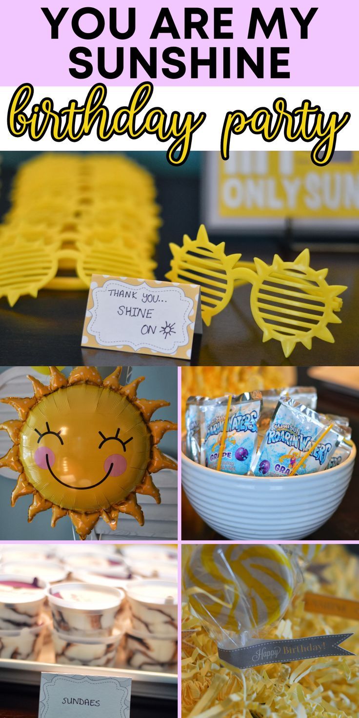 a birthday party with sun decorations and desserts on the table, including cupcakes