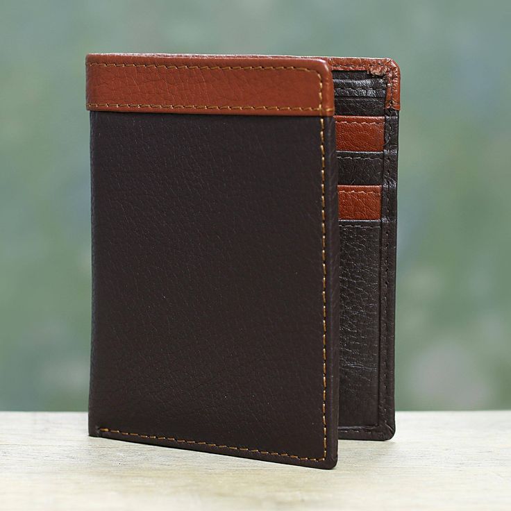 A handsome harmony of colors - espresso brown and burnt sienna - distinguishes this handsome wallet for men. Crafted of quality leather, the masculine bifold wallet from Sanchit in India is lined and features a coin pouch with a zipper closure and one bill compartment. There are four bank card slots on each side of the wallet with alternating border colors for a fun effect. Classic Brown Card Holder With Coin Pocket, Classic Brown Trifold Wallet For Formal Occasions, Brown Business Card Holder With Interior Slots, Brown Rectangular Wallets For Business, Brown Bifold Wallet For Daily Use, Brown Rectangular Business Wallets, Brown Rfid Blocking Card Holder For Business, Brown Leather Wallet With Leather Lining, Classic Brown Card Holder With Leather Lining