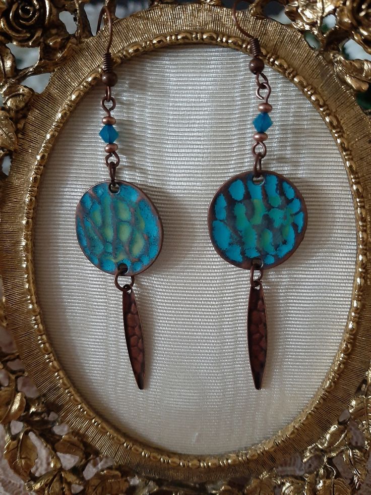 Copper Patina Circle Dangle Earrings with Turquoise Crystal Beads Handmade Turquoise Metal Chandelier Earrings, Turquoise Chandelier Dangle Earrings For Festivals, Turquoise Czech Glass Beaded Earrings, Turquoise Metal Beaded Bohemian Earrings, Festival Turquoise Beaded Drop Earrings, Turquoise Beaded Drop Earrings For Festival, Turquoise Round Bead Earrings For Festival, Turquoise Earrings With Dangling Beads For Gift, Turquoise Dangle Earrings For Festival