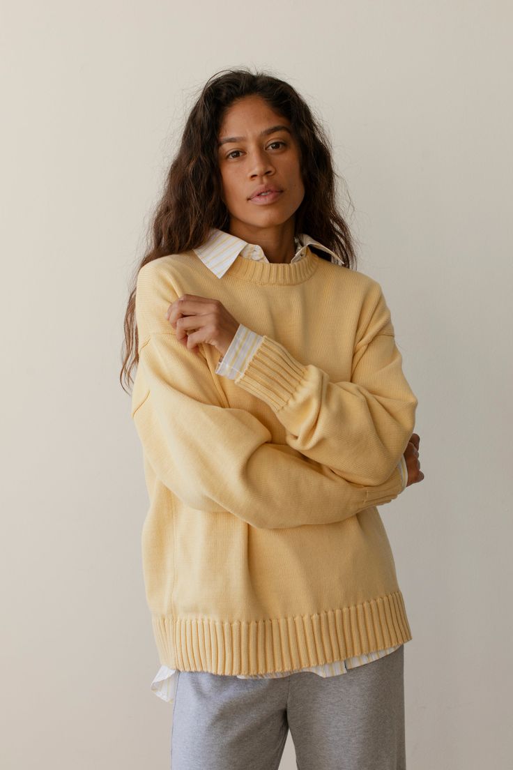 The Cotton Knit Crewneck is crafted with 100% Organic Cotton, featuring a slightly oversized fit and ribbed edges. Set it up with — The Pop Pant Made in LA Spring Stripes, Set It Up, Deep Autumn, Style Inspiration Fall, Kick Flares, Summer Set, Silk Organza, Eco Friendly Fabric, Knit Crewneck