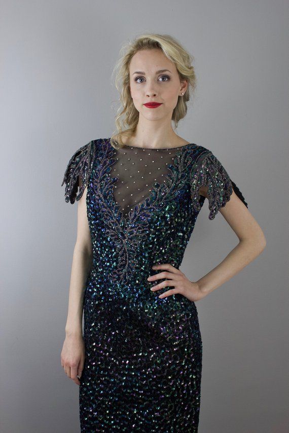 Vintage Mike Benet formal gown / beaded / sequins / rhinestones / size Small Medium Embellished Sequin Fabric For Prom And Evening Events, Embellished Sequin Fabric For Evening Prom, Sparkling Sequin Fabric For Evening Prom, Sparkling Sequin Fabric For Prom Evening, Glamorous Sequined Floor-length Evening Dress, Fitted Sequin Dress With Sweep Train For Gala, Glamorous Embellished Sequin Fabric For Prom, Fitted Evening Dress With Contrast Sequin, Glamorous Sequined Gown For Prom Season