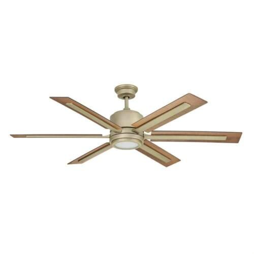 a ceiling fan with three wooden blades