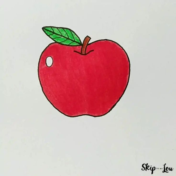 an apple with a green leaf on it is shown in the middle of a drawing