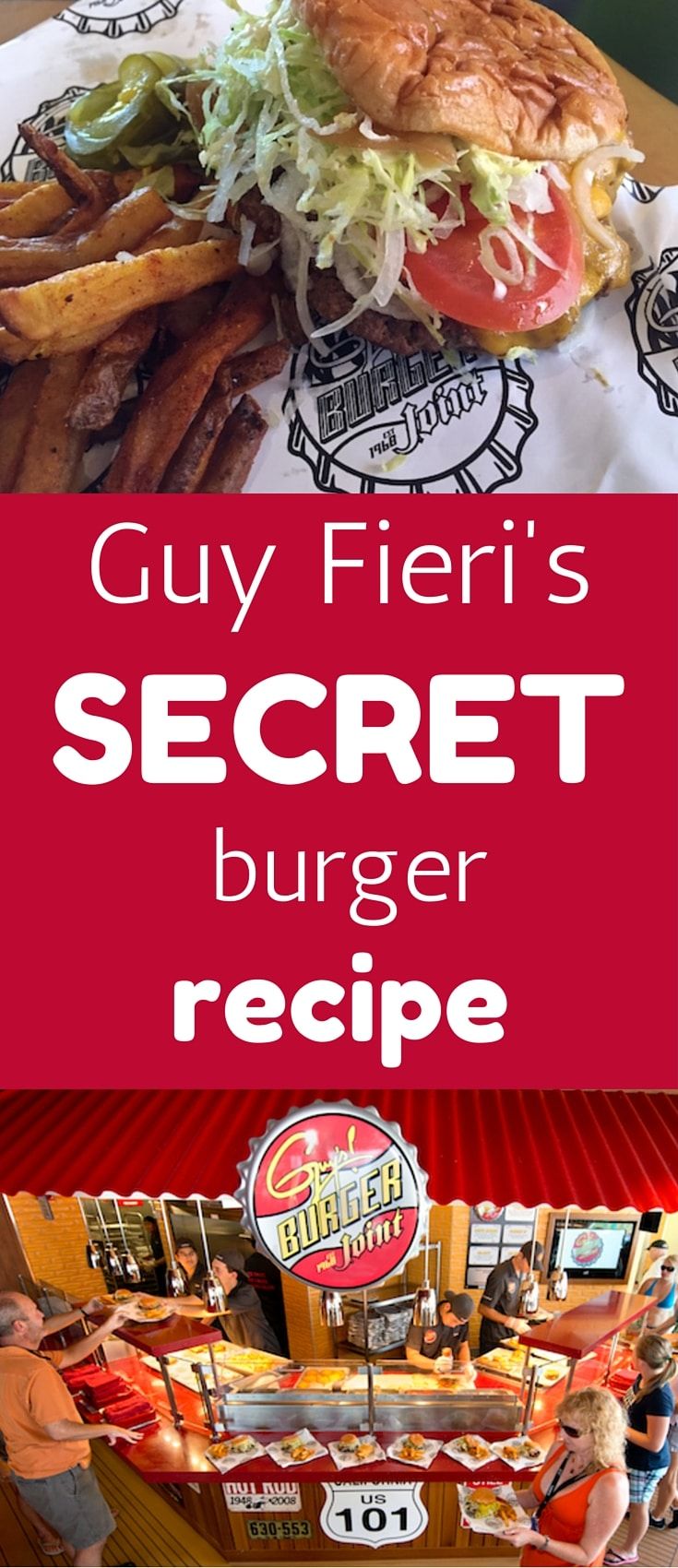 the menu for guy fieri's secret burger is shown in red and white