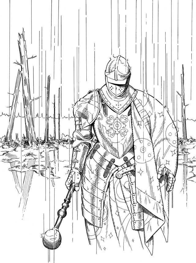 a drawing of a knight walking in the rain