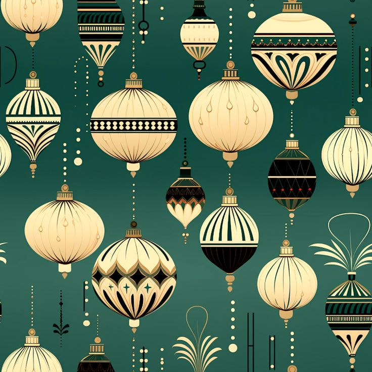 an image of christmas ornaments hanging from the ceiling in gold and green colors on a teal background