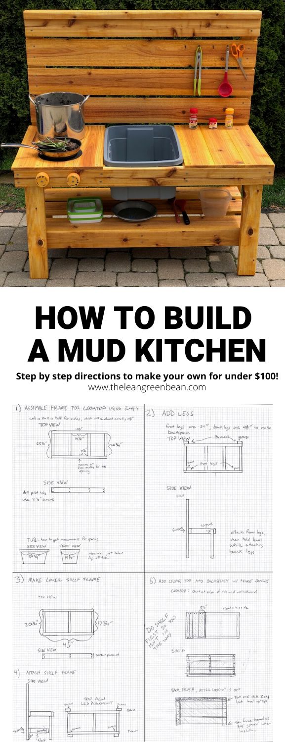 the instructions for how to build a mud kitchen on a wooden bench in front of some bushes