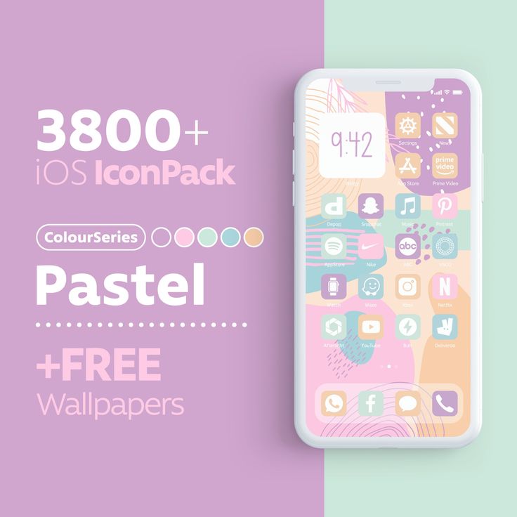 the pastel wallpapers pack is displayed on an iphone with purple and green background