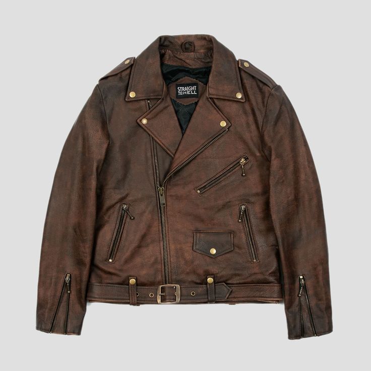 Commando - Washed Brown | Straight To Hell Apparel Quilted Sleeves, Best Leather Jackets, Body Features, Vegan Leather Jacket, Vintage Leather Jacket, Brown Leather Jacket, Sweaters And Leggings, Slim Fit Shorts, Leather Moto