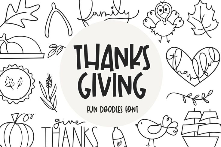 the words thanks giving written in black and white with doodles on it, as well as