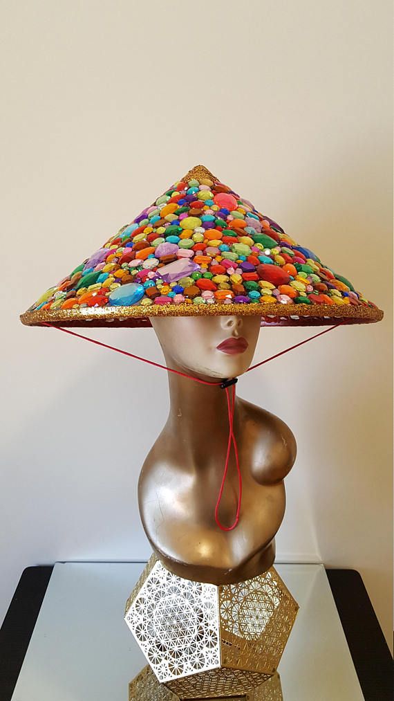 Colorful Rhinestone Gem Conical Hat Gold Glitter Rainbow Burning Man Hat, Conical Hat, Bamboo Hat, Rave Hats, Unusual Hats, Hat Burning, Bamboo Hats, Leather Leggings Fashion, Friendsgiving Party