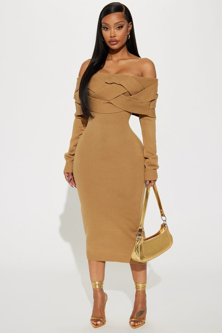 Available In Tan. Sweater Midi Dress Off Shoulder Long Sleeves Folder Over Detail Stretch Length = 47" 100% Acrylic Imported | Vivien Sweater Midi Dress in Tan size 3X by Fashion Nova Fashion Nova Date Night Outfits, Elegant Long Sleeve Dresses Classy, Chic Fall Dresses, Burnt Orange Outfits Female, Thanksgiving Clothes For Women, Fall Birthday Dress, Autumn 2024 Fashion, Africa Dresses Styles, Cute Fall Outfits Dresses