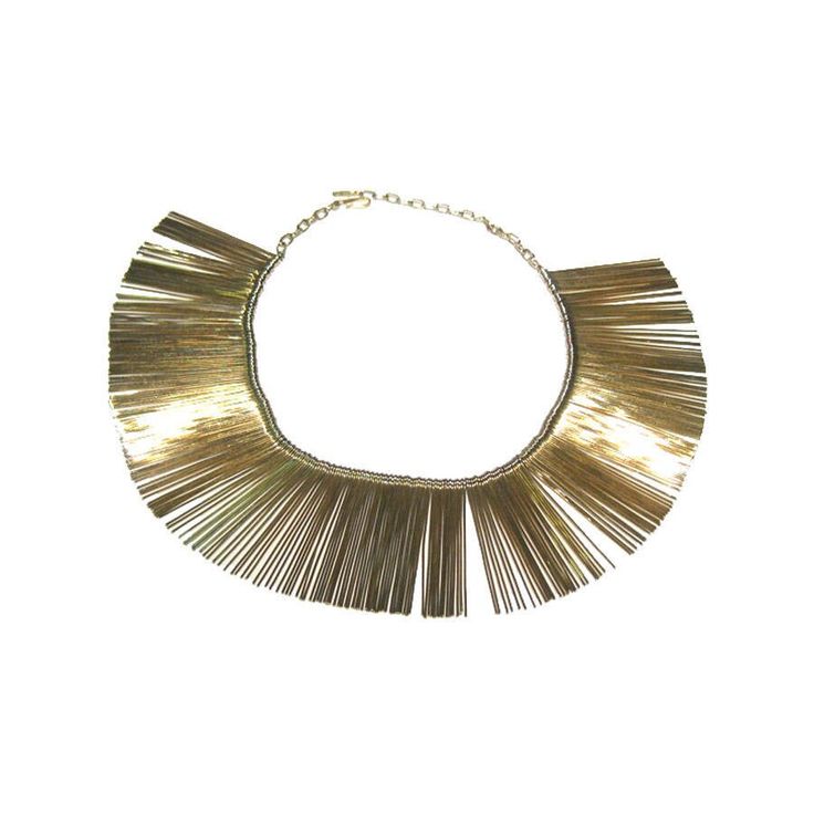 "This MOD starburst bib necklace is in the Egyptian Revival style. The runway necklace has many shimmering gold-tone thin rods strung on a gold-tone chain. The overall effect is quite stunning. Chain extensions with a shepherd's hook clasp at the end allow you to wear this at various lengths. This gorgeous necklace measures about 16 1/2\" of wearable length. A tag attached reads Pat. Pend. and A-A. This necklace is in excellent vintage condition with no visible signs of wear. You will never go unnoticed when wearing this extraordinary costume jewellery necklace!" Runway Necklace, Shepherds Hook, Egyptian Revival, Bib Necklaces, Costume Jewelry Necklaces, Hook Clasp, Bib Necklace, Gorgeous Necklaces, Hippie Style