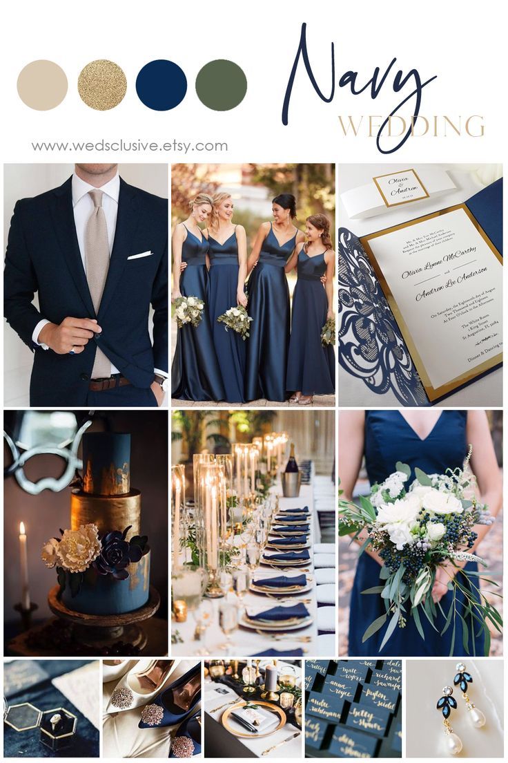 the wedding color scheme is navy and gold