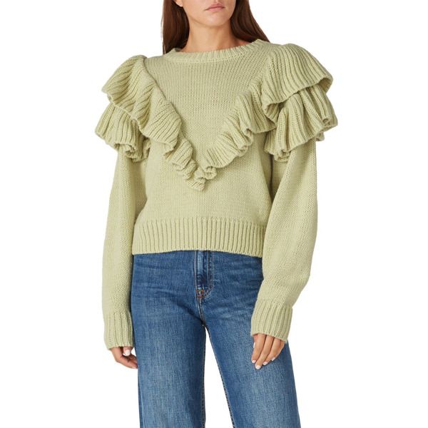 Green knit (80% Acrylic, 20% Wool). Sweater. Long sleeves. Crew neckline. 19" from shoulder to hemline. Imported. Spring Crew Neck Sweater With Ruffles, Chic Long Sleeve Sweater With Ruffles, Crew Neck Sweater With Ruffles For Spring, Ruffled Crew Neck Knit Top, Trendy Ruffled Sweater For Fall, Chic Ruffled Winter Tops, Chic Fitted Sweater With Ruffles, Chic Winter Tops With Ruffles, Crew Neck Knit Top With Ruffles