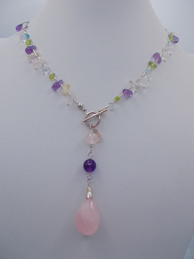 "This is a lovely vintage sterling silver & stone chips necklace. Very feminine, this silver necklace has a pale pink faceted stone pendant which has nice color & depth. The stone chips are translucent, pink & purple & there is a toggle clasp front close. This dainty necklace is 19\" long." Dainty Silver Necklace With Gemstone Beads, Adjustable Pink Stone Necklace, Pink Adjustable Necklace With Stones, Adjustable Pink Necklace With Stones, Pink Stone Necklace With Adjustable Fit, Adjustable Pink Gemstone Beaded Necklace, Adjustable Pink Gemstone Beaded Necklaces, Sterling Silver Pendant Crystal Necklace With Gemstone Beads, Adjustable Pink Crystal Necklaces With Natural Stones