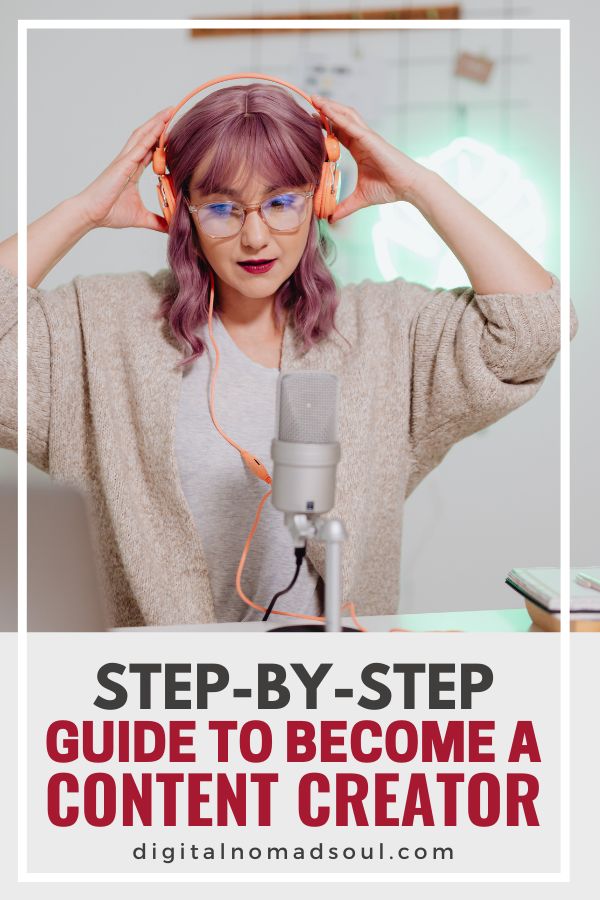 a woman wearing headphones and listening to music in front of a microphone with the words step - by - step guide to become a content creator