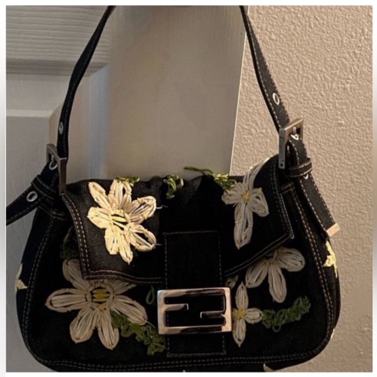 Denim Fendi Baguette Great Condition With Dust Bag Fendi Bag, Fendi Handbags, Yellow Interior, Denim Flowers, Fendi Baguette, Flower Bag, Baguette Bag, Denim Bag, Purses Designer