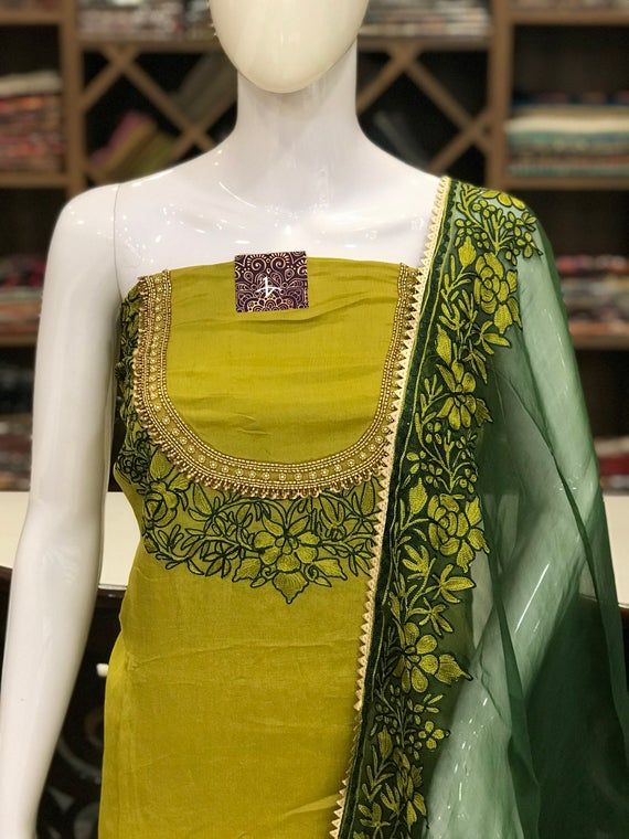 A stunningly fabulous outfit featuring Kashmiri Aari fused hand Zardozi embroidery. - - - - - - - - - - - - - - - - - - - -  Product Details - Condition: Brand New - Style: Indian Ethnic Dress - Colour: Green - Embroidery Colour: Light & Dark Green - Care Instructions: Dry Clean Only F A B R I C Festive Pista Green Sets With Intricate Embroidery, Festive Pista Green Set With Intricate Embroidery, C Green Color Combination Suit, Festive Raw Silk Salwar Kameez With Intricate Embroidery, Bollywood Chanderi Dress, Festive Art Silk Dress With Intricate Embroidery, Festive Dresses With Intricate Embroidery In Art Silk, Fitted Dress With Multicolor Embroidery For Diwali, Silk Fitted Sharara With Multicolor Embroidery