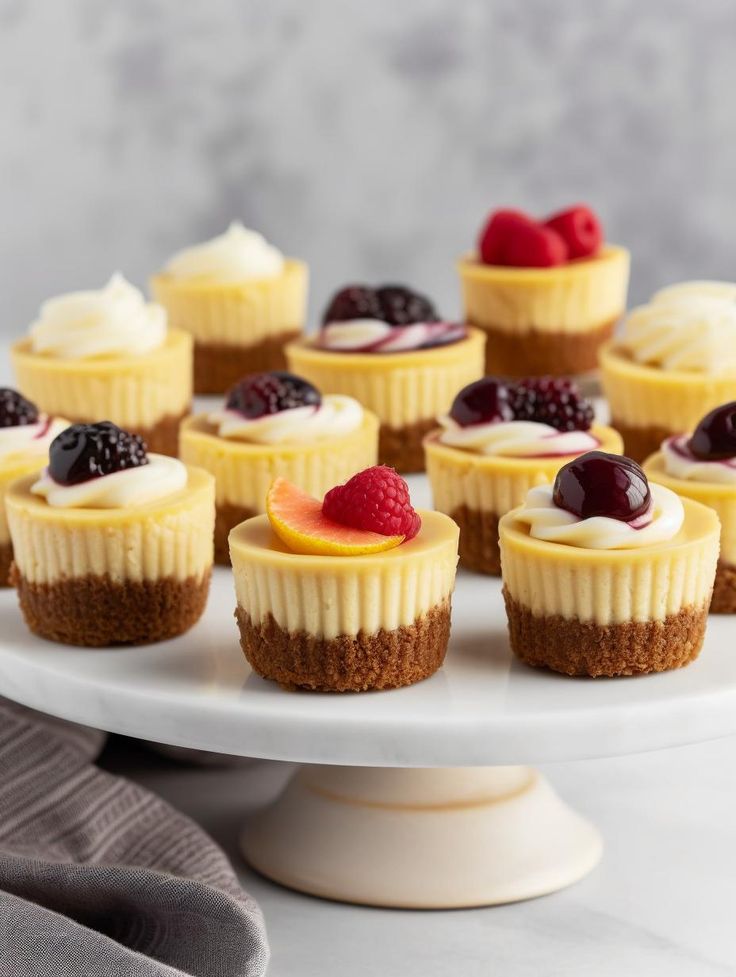 there are many small cupcakes on the cake plate with berries and cream toppings