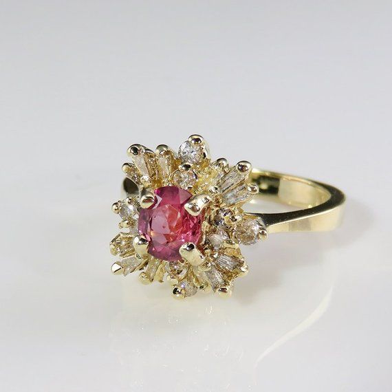 Unique Pink Sapphire Diamond Ring Ballerina Ring Mid Century Ring 1950s Diamond Ring One of a Kind R Pink Diamond Cluster Ring With Accent Stones, Fine Jewelry Pink Cluster Ring With Accent Stones, Pink Cluster Diamond Ring Fine Jewelry, Pink Diamond Cluster Ruby Ring, Pink Sapphire Cluster Ring Fine Jewelry, Pink Diamond Cluster Ring For Anniversary, Pink Cluster Diamond Ring With Prong Setting, Pink Cluster Diamond Ring, Pink Ruby Ring With Center Stone Fine Jewelry