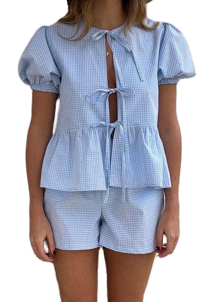 PRICES MAY VARY. ♦Material: Polyester blend. Women plaid 2 piece pajama shorts set made by high quality fabric, lightweight, breathable, skin-friendly, plaid shorts pj set for women, gingham two piece shorts sets, offer comfy wearing experience. ♦Features: Puff sleeve babydoll blouse, with cute bow tie, open front, tie up peplum shirt, half sleeve plaid shirt blouse, loose fit, short sleeve 2 piece pj sets. Short sleeve lounge sets, women y2k two piece summer outfits, y2k 2 piece loungewear, y2k Striped Shorts Outfit, Knot Front Top, Peplum Shirt, Outfits Mit Shorts, Summer Shorts Outfits, Lounge Outfit, Gingham Shorts, Peplum Shirts, Outfits Streetwear