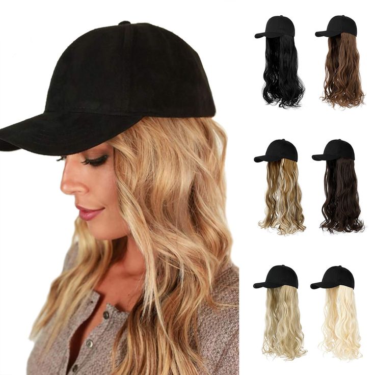 a woman wearing a black hat with long blonde hair in front of her face and six different styles of ponytails