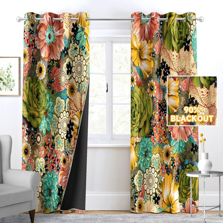 the curtains are open and ready to be hung in front of an open window with colorful flowers on it