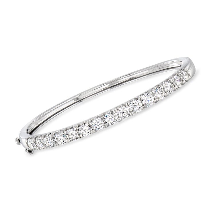 Ross-Simons - 5.00ct t. w. Lab Grown Diamond Bangle Bracelet in 14kt White Gold. 8". Treat yourself to a timeless style at an exceptional value! Our impressive bangle bracelet shimmers with 5.00 ct. t. w. round brilliant-cut lab-grown diamonds in high-polished 14kt white gold. Lab-grown diamonds are identical to mined diamonds according to their optical, physical and chemical properties. All Ross-Simons lab-grown diamond jewelry in 14kt gold and platinum includes an IGI Laboratory-Grown Diamond Classic Bangle With Brilliant Cut For Formal Occasions, Classic Diamond White Bangle For Formal Occasions, Classic Formal Bangle With Brilliant Cut, Classic Bangle In Diamond White For Formal Occasions, Classic White Gold Bangle With Diamond Accents, Classic Formal Bangle With Diamond Cut, Classic Formal Diamond-cut Bangle, Classic Formal Bangle With Diamond Accents, Classic Diamond Cut White Bangle