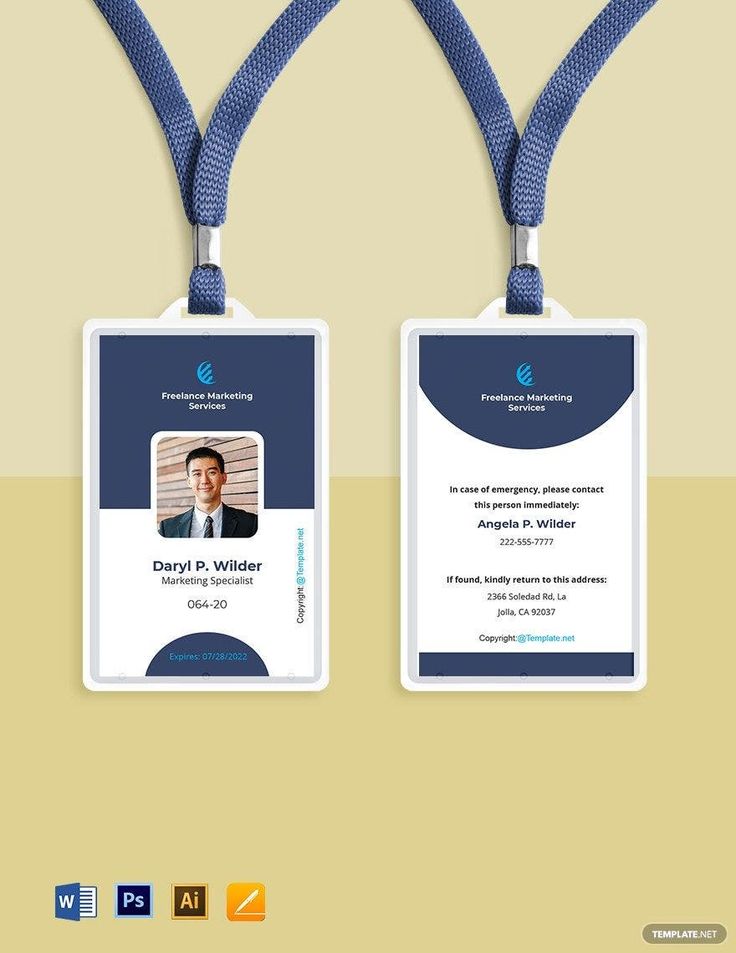 two id cards with blue lanyards on the front and back, one has an image of a man's face