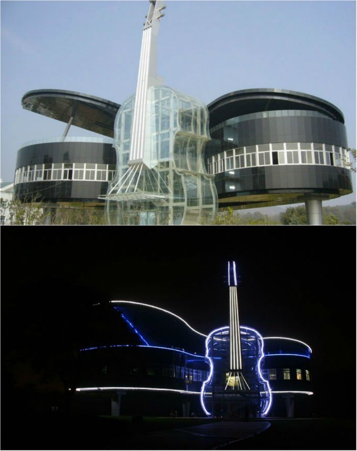 two pictures one with a building and the other with a guitar in front of it