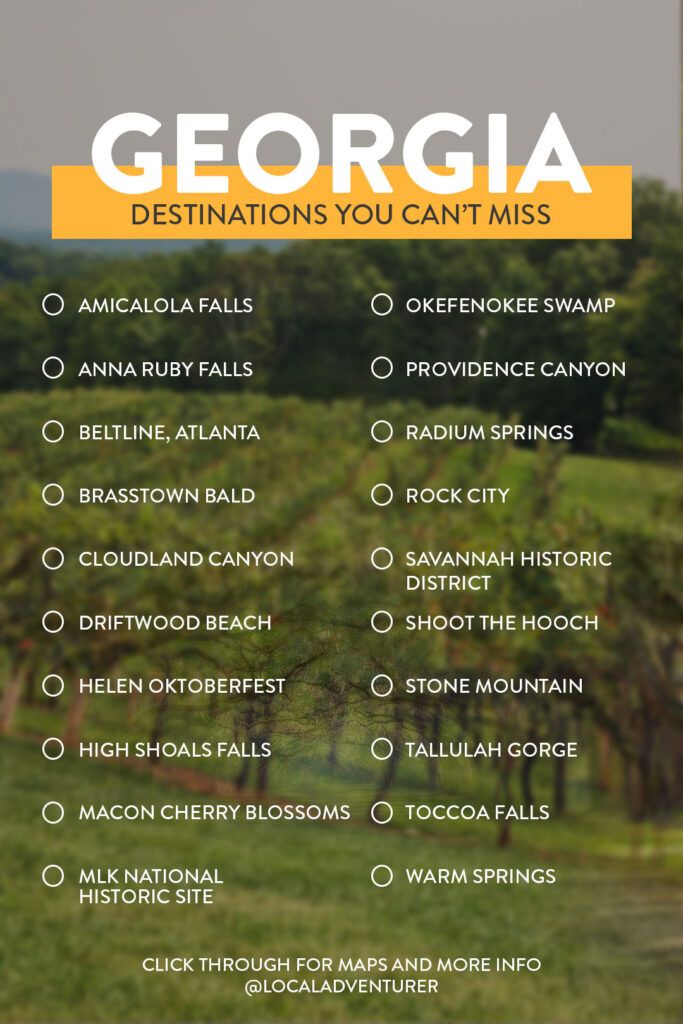 a poster with the words georgia destinations you can't miss in white and yellow