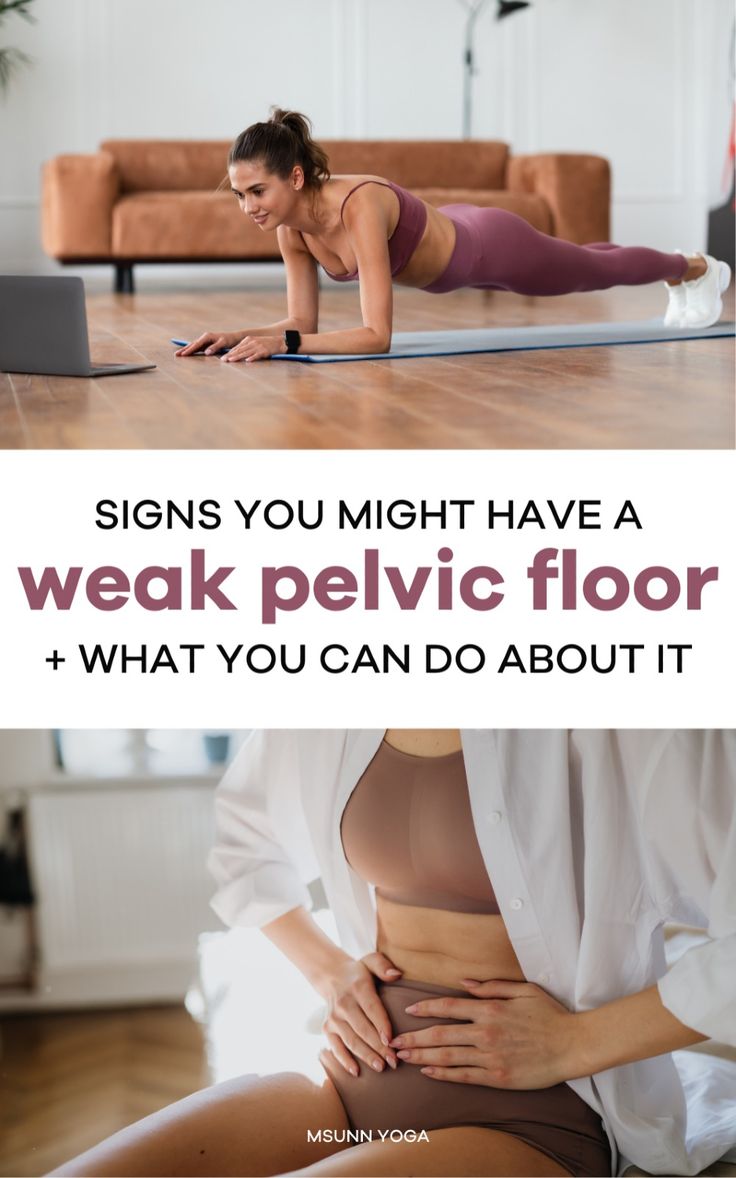 a woman is doing yoga on the floor with her legs crossed, and text reads signs you might have a weak pelvic floor + what you can do about it