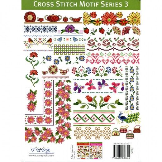 the cross stitch motif series 3 is shown in various colors and designs, including flowers