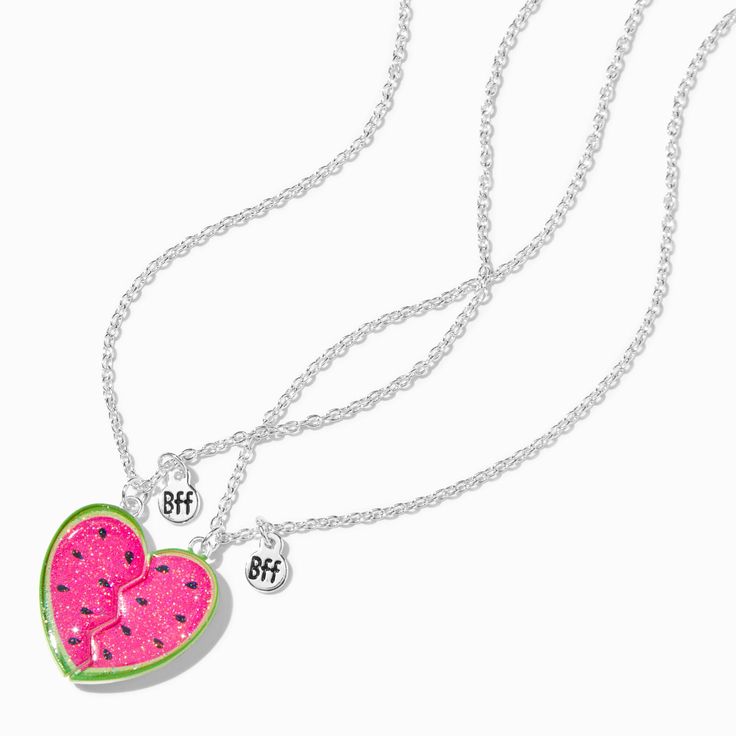 Claire's Best Friends Watermelon Split Heart Pendant Necklaces - 2 Pack Playful Silver Jewelry For Friendship, Cute Nickel-free Charm Necklace For Friendship, Cute Adjustable Necklaces For Best Friend Gift, Valentine's Day Necklace With Heart Charm For Friendship, Double Heart Charm Necklace For Friendship, Nickel-free Heart-shaped Friendship Necklaces, Nickel Free Heart Shaped Necklaces For Friendship, Nickel-free Heart-shaped Necklace For Friendship, Cute Heart Pendant Charm Necklace For Best Friend