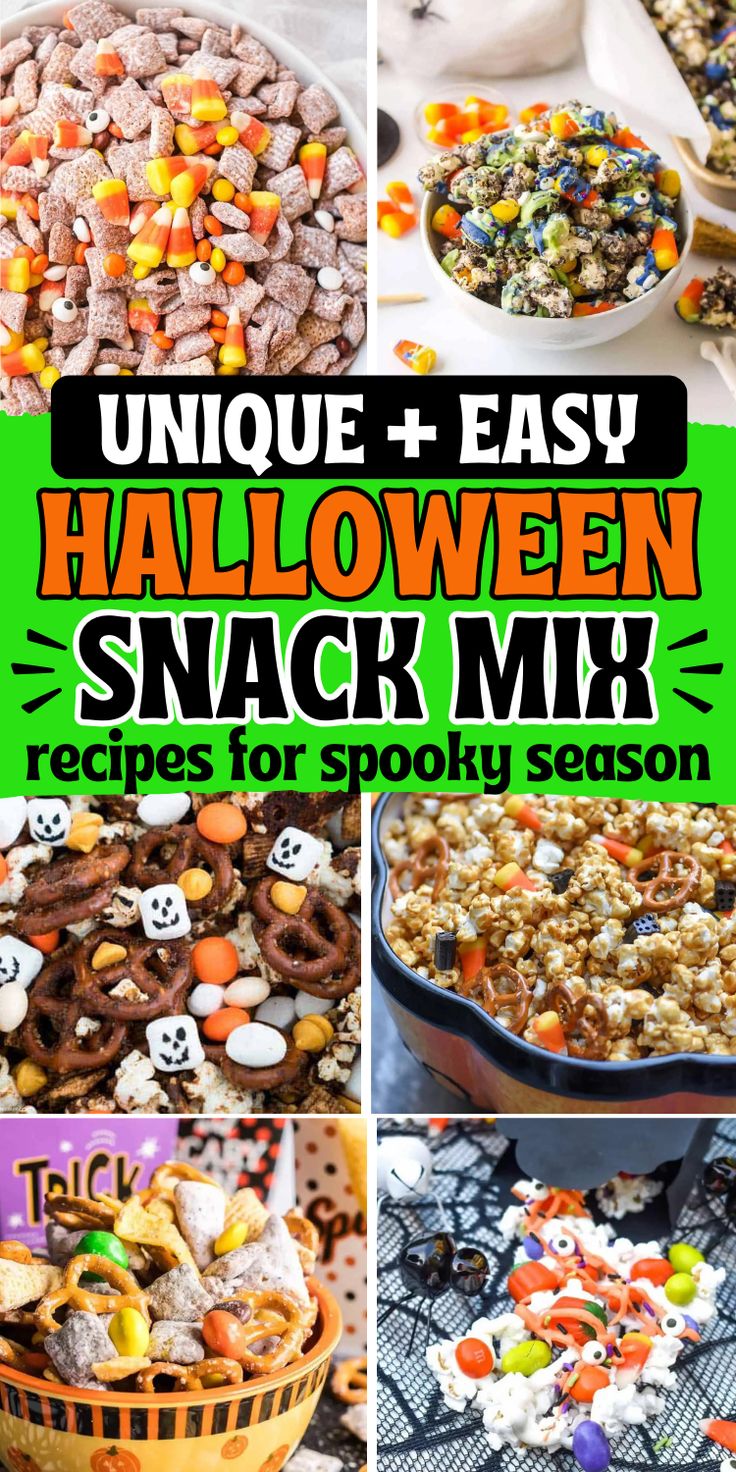 Easy Halloween snack mix recipes that make fun spooky treats for parties, cheap movie night snacks and festive Halloween potluck ideas for a crowd. Good Halloween Snacks, Halloween Harvest Snack, Spooky The Square Pumpkin Snack, Salty Halloween Snacks For School, Halloween Gorp Recipes, Spooky Trail Mix Ideas, Candy Corn Hot Chocolate, Spooky Snack Mix For Halloween, Halloween Work Snacks