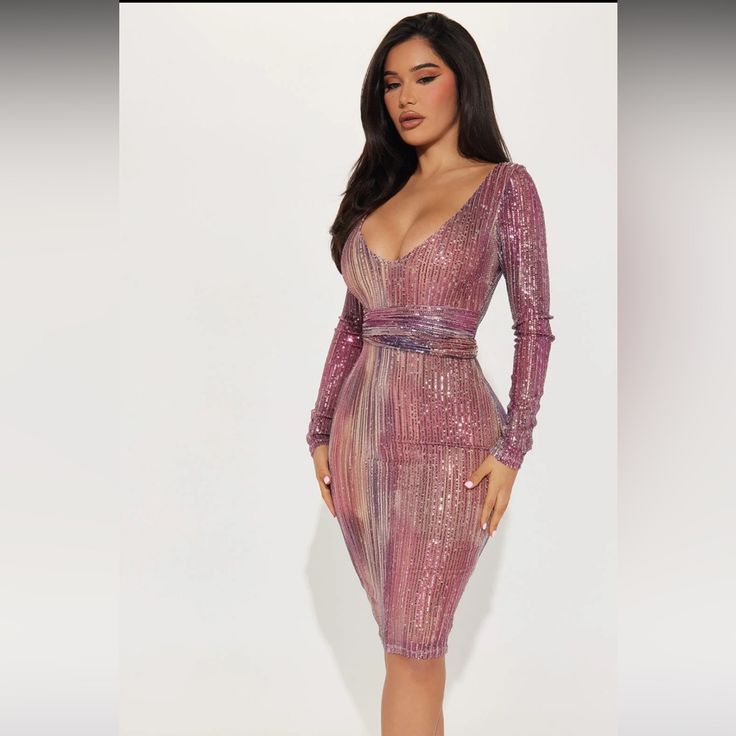 Midi Sequin Dress Pinky Purple Long Sleeve Deep V Neck Lined Little Stretch Tie Waist Purple Bodycon Evening Dress, Purple Knee-length Bodycon Dress For Evening, Fitted Purple Midi Dress For Night Out, Purple Bodycon Dress For Evening, Purple V-neck Dress For Party Season, Purple Bodycon Midi Dress For Party, Elegant Purple Bodycon Dress For Party Season, Purple Knee-length Mini Dress For Evening, Purple Bodycon Midi Dress