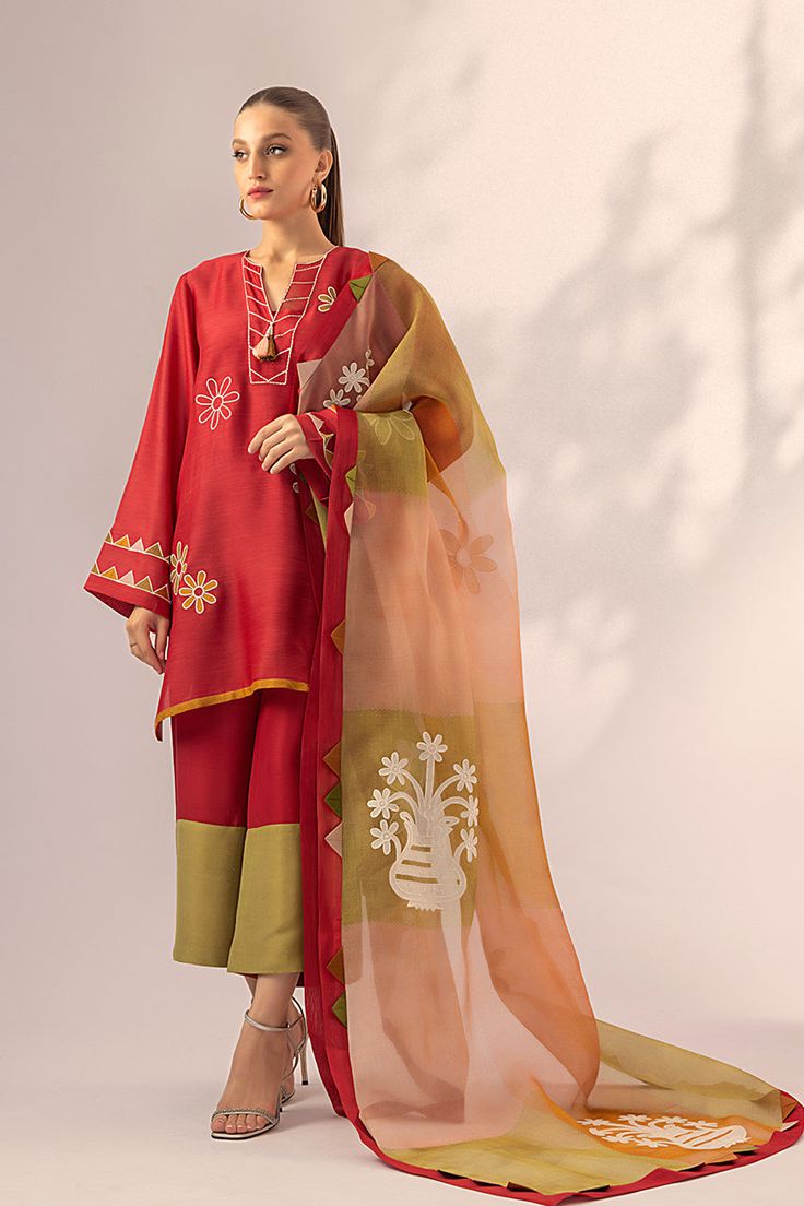 Marie – Sania Maskatiya International Green Cotton Silk Kurta With Embroidered Border, Spring Bollywood Style Slub Silk Kurta, Green Silk Kurta With Embroidered Border, Pink Cotton Silk Kurta With Embroidered Border, Green Cotton Silk Traditional Wear With Embroidered Border, Green Traditional Wear With Embroidered Cotton Silk, Green Designer Dupatta For Spring, Spring Slub Silk Salwar Kameez With Dabka Work, Red Chikankari Embroidery Sets For Spring