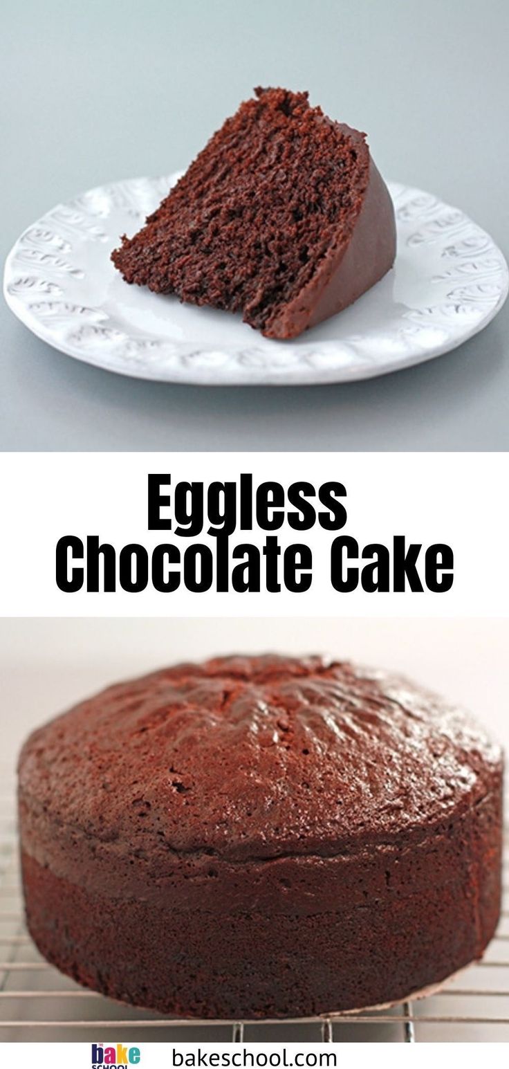 an eggless chocolate cake on a plate with the words eggless chocolate cake above it