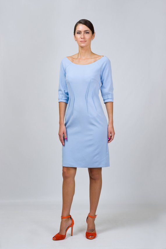 Blue Crepe Cocktail Pencil Dress, Lined Office knee Dress, Bridesmaid wiggle spring dress, Boat neck Boat Neck Dresses, Midi Wedding Guest Dress, Dress Creator, Structured Dress, Casual Kimono, Evening Dresses With Sleeves, Boat Neck Dress, White Cocktail Dress, Bride Groom Dress