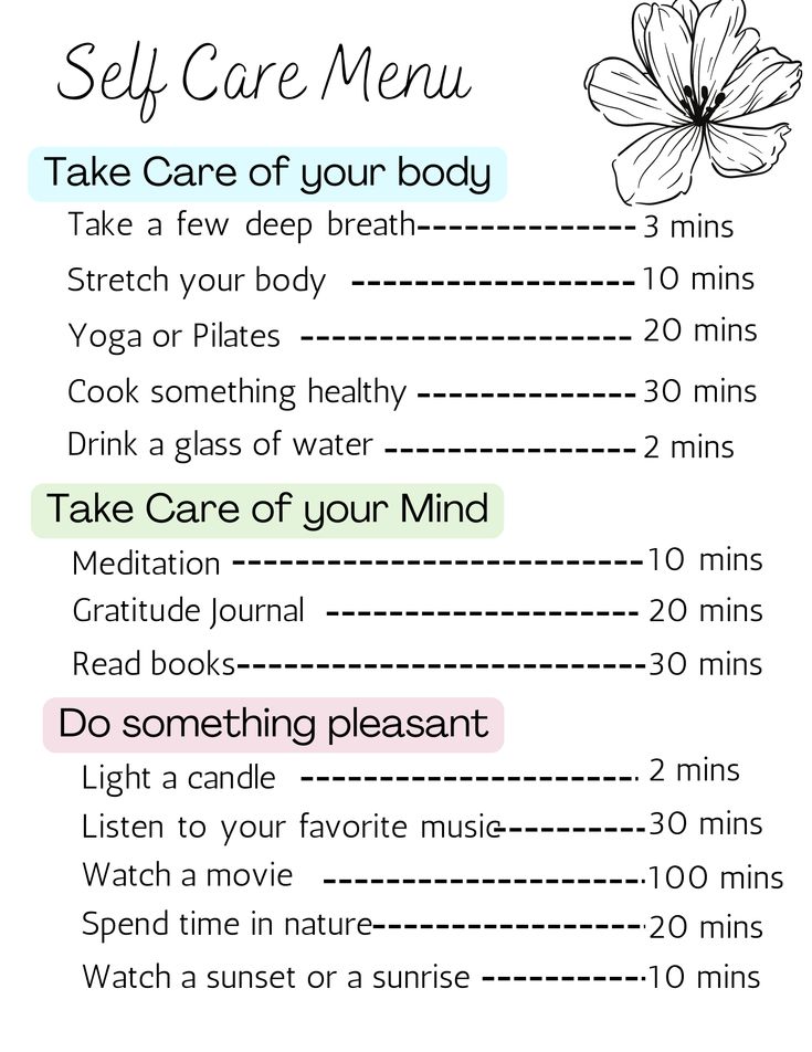 a poster with instructions to take care of your body and the words self care menu on it