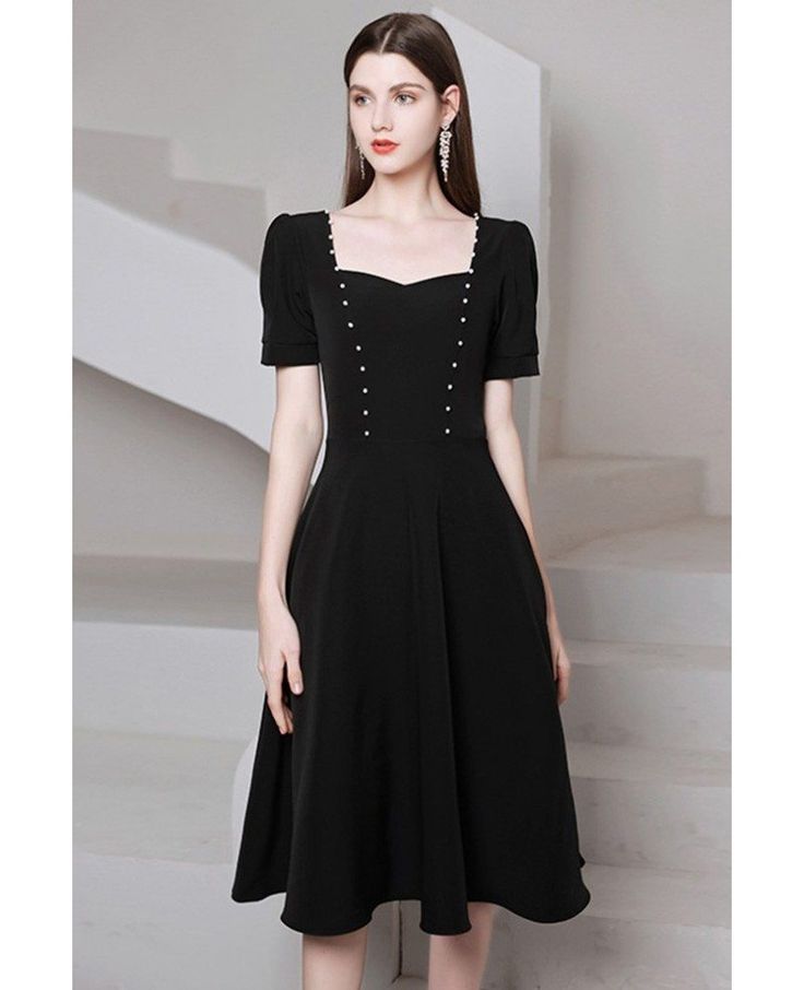 Buy retro knee length black chic semi party dress with short sleeves high quality at affordable price online. Free shipping and pro custom service since 2009. Classic Black Midi Dress For Party, Classic Mini Length Midi Dress For Party, Solid Color Short Sleeve Midi Dress For Cocktail, Elegant Short Sleeve Dress For Night Out, Knee-length Short Sleeve Dress For Summer Evening, Elegant Fitted Short Sleeve Dress For Night Out, Classic Tea Length Midi Dress For Party, Elegant Short Sleeve Dress With Square Neck For Spring, Black Short Sleeve Midi Dress For Cocktail