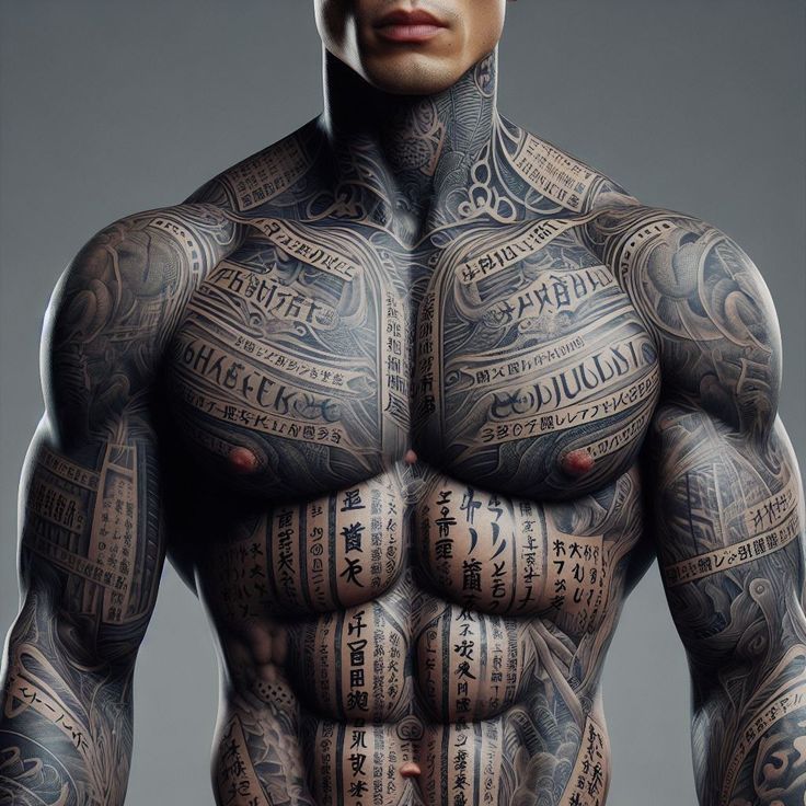 a man with many tattoos on his body and chest is standing in front of a gray background