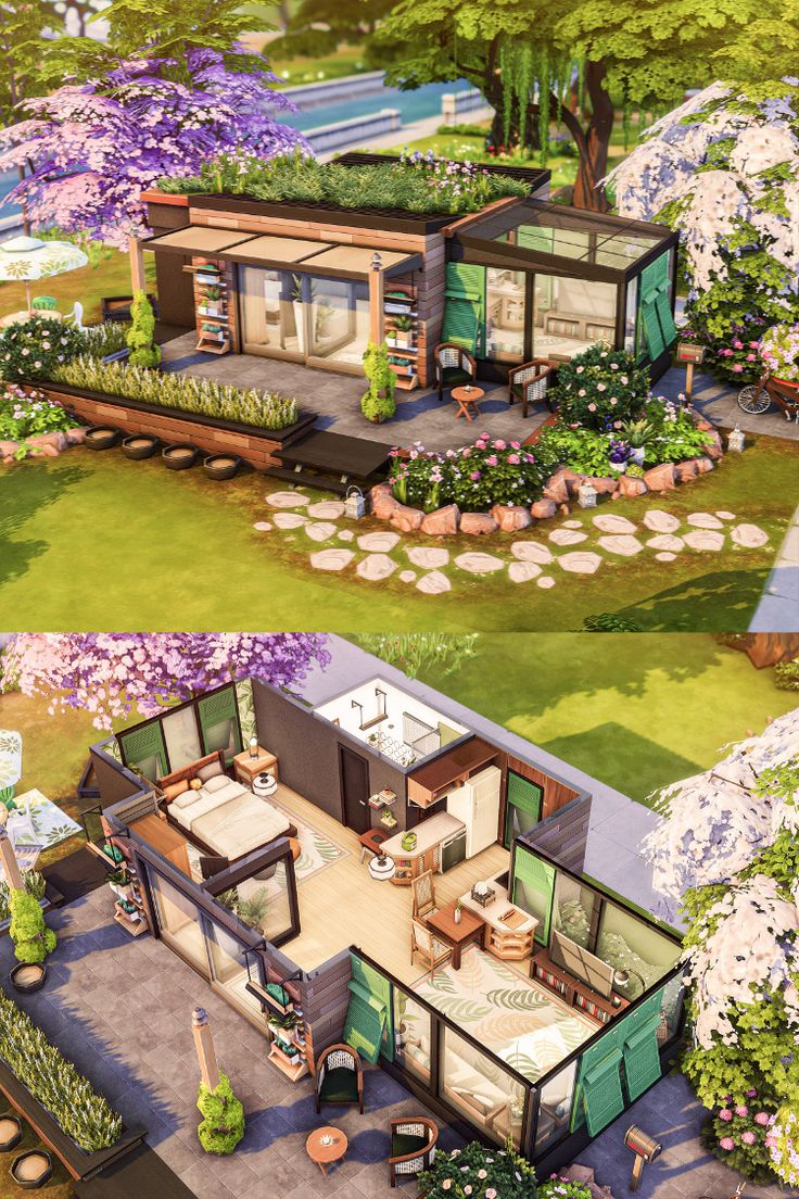 two renderings of a small house in the middle of a park with trees and flowers