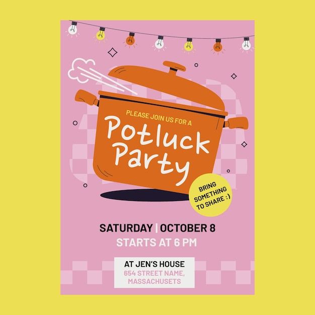 a poster for a potluck party with an image of a frying pan