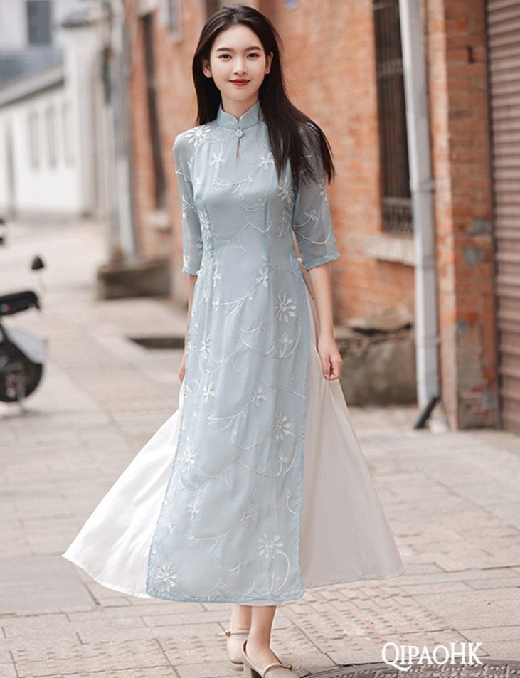 Traditional Chinese Dress Cheongsam, Pink Qipao, Blue Qipao, Chinese Long Dress, Chinese Dress Cheongsam, Traditional Vietnamese Wedding, Pale Blue Dress, Chinese Cheongsam Dress, Pale Blue Dresses